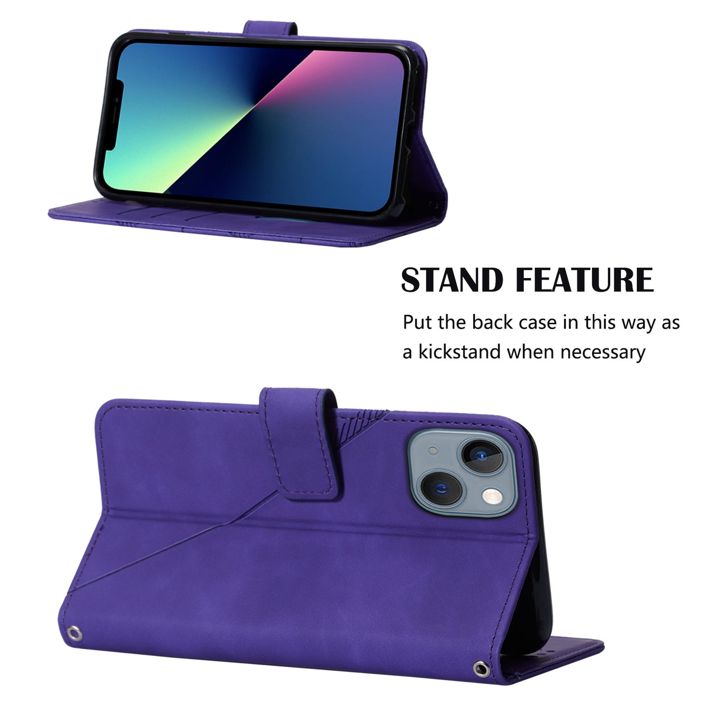 YB Imprinting Series-1 for iPhone 15 PU Leather Phone Case Imprinted Wallet Stand Cover with Hand Strap