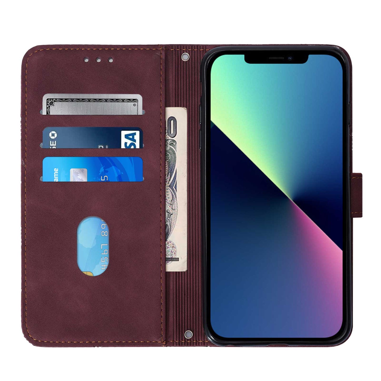YB Imprinting Series-1 for iPhone 15 Pro Max PU Leather Phone Wallet Case Stand Imprinted Cover with Hand Strap