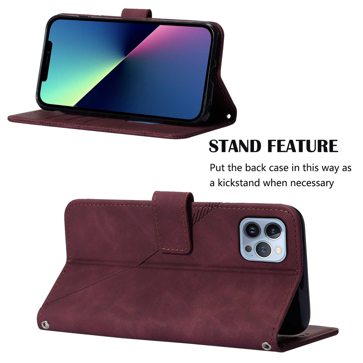 YB Imprinting Series-1 for iPhone 15 Pro Max PU Leather Phone Wallet Case Stand Imprinted Cover with Hand Strap