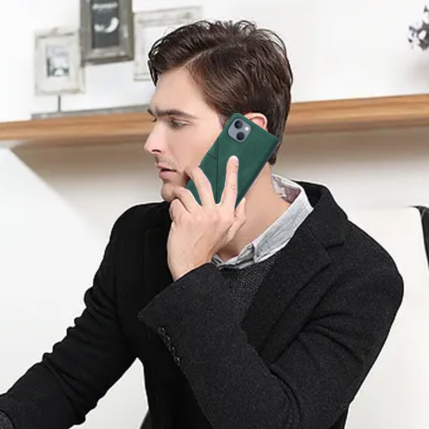 YB Imprinting Series-1 for iPhone 15 Plus Leather Wallet Stand Phone Case Imprinted Shell with Hand Strap