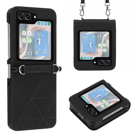 YB Imprinting Series-1 for Samsung Galaxy Z Flip5 5G Phone Leather Cover Imprinted Phone Case with Shoulder Strap
