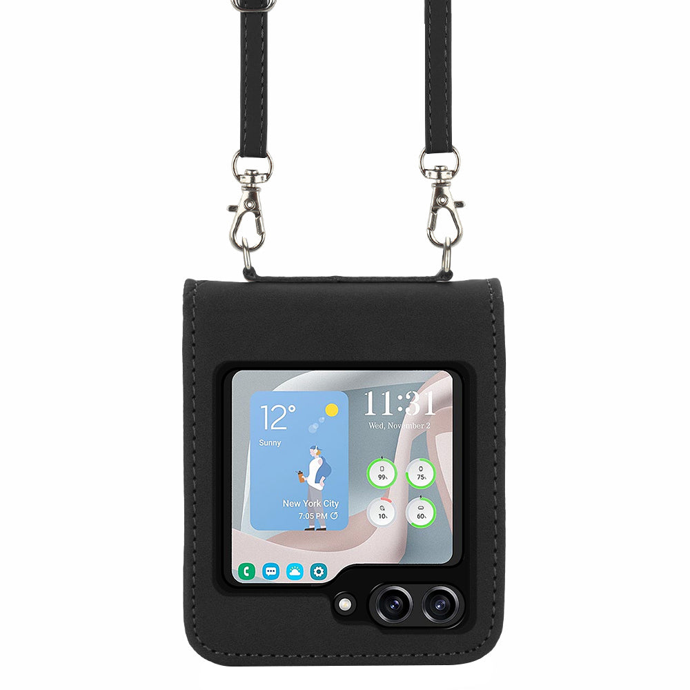 YB Imprinting Series-1 for Samsung Galaxy Z Flip5 5G Phone Leather Cover Imprinted Phone Case with Shoulder Strap