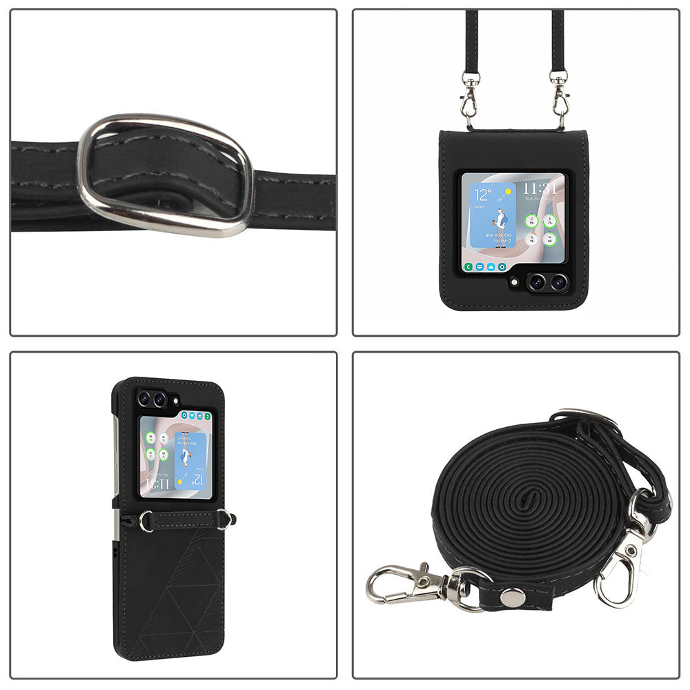 YB Imprinting Series-1 for Samsung Galaxy Z Flip5 5G Phone Leather Cover Imprinted Phone Case with Shoulder Strap