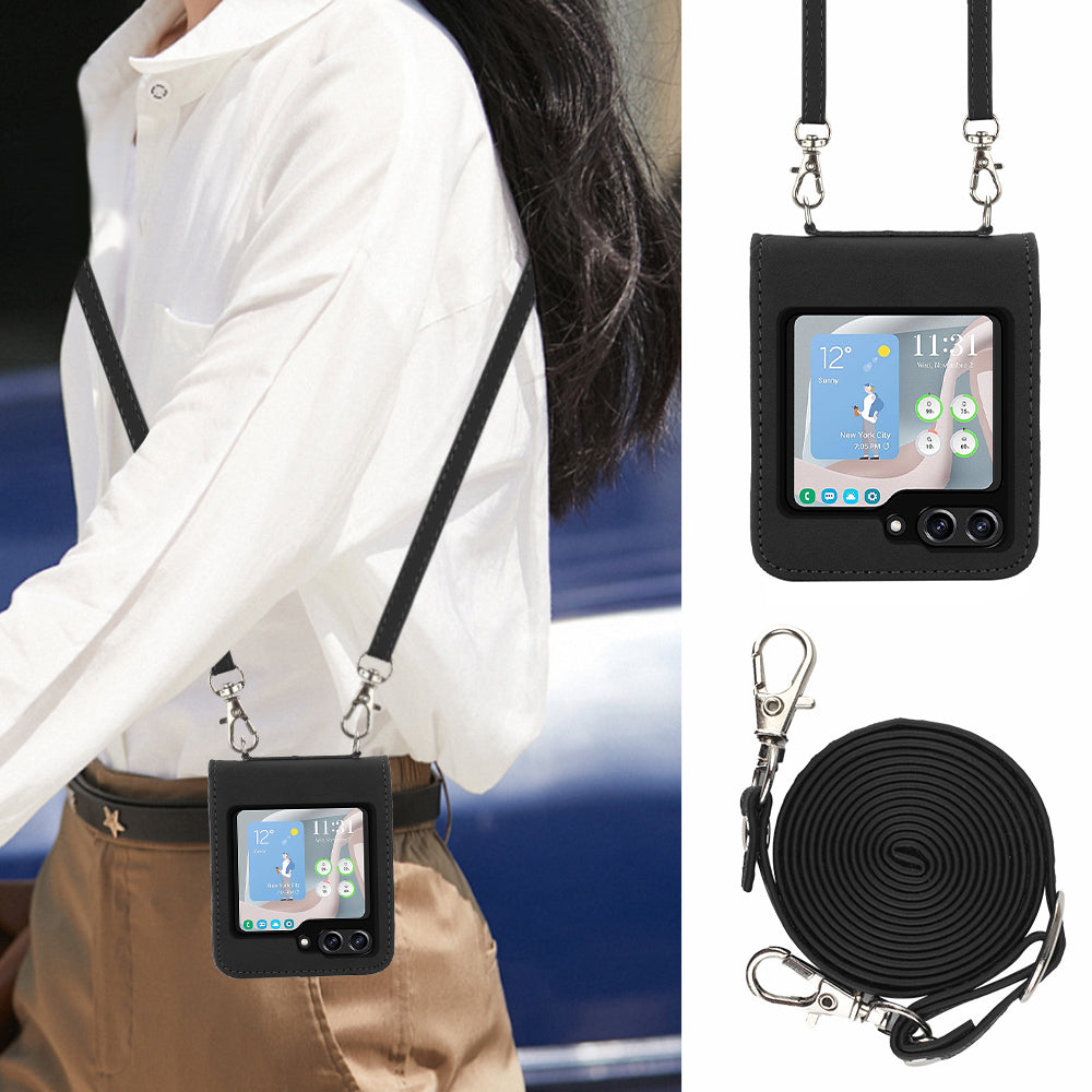 YB Imprinting Series-1 for Samsung Galaxy Z Flip5 5G Phone Leather Cover Imprinted Phone Case with Shoulder Strap