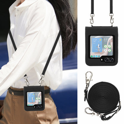 YB Imprinting Series-1 for Samsung Galaxy Z Flip5 5G Phone Leather Cover Imprinted Phone Case with Shoulder Strap