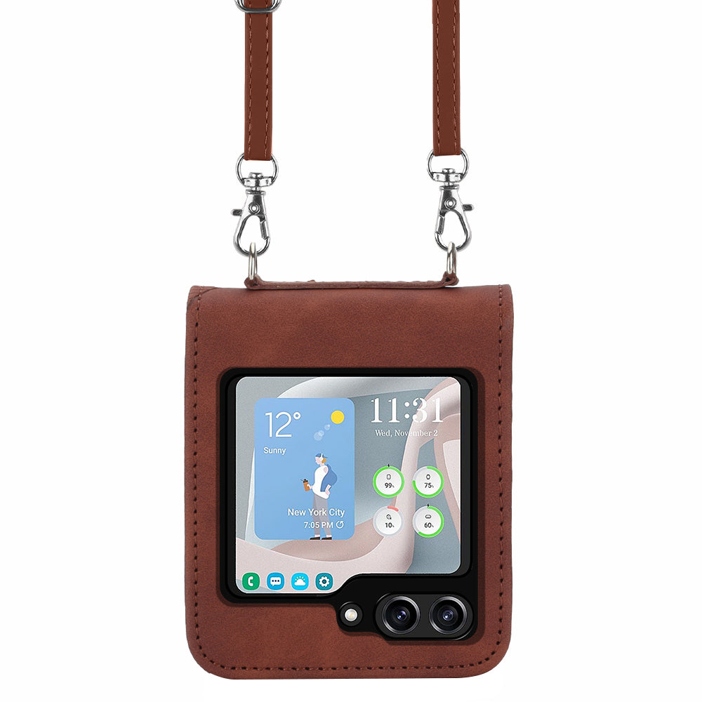 YB Imprinting Series-1 for Samsung Galaxy Z Flip5 5G Phone Leather Cover Imprinted Phone Case with Shoulder Strap