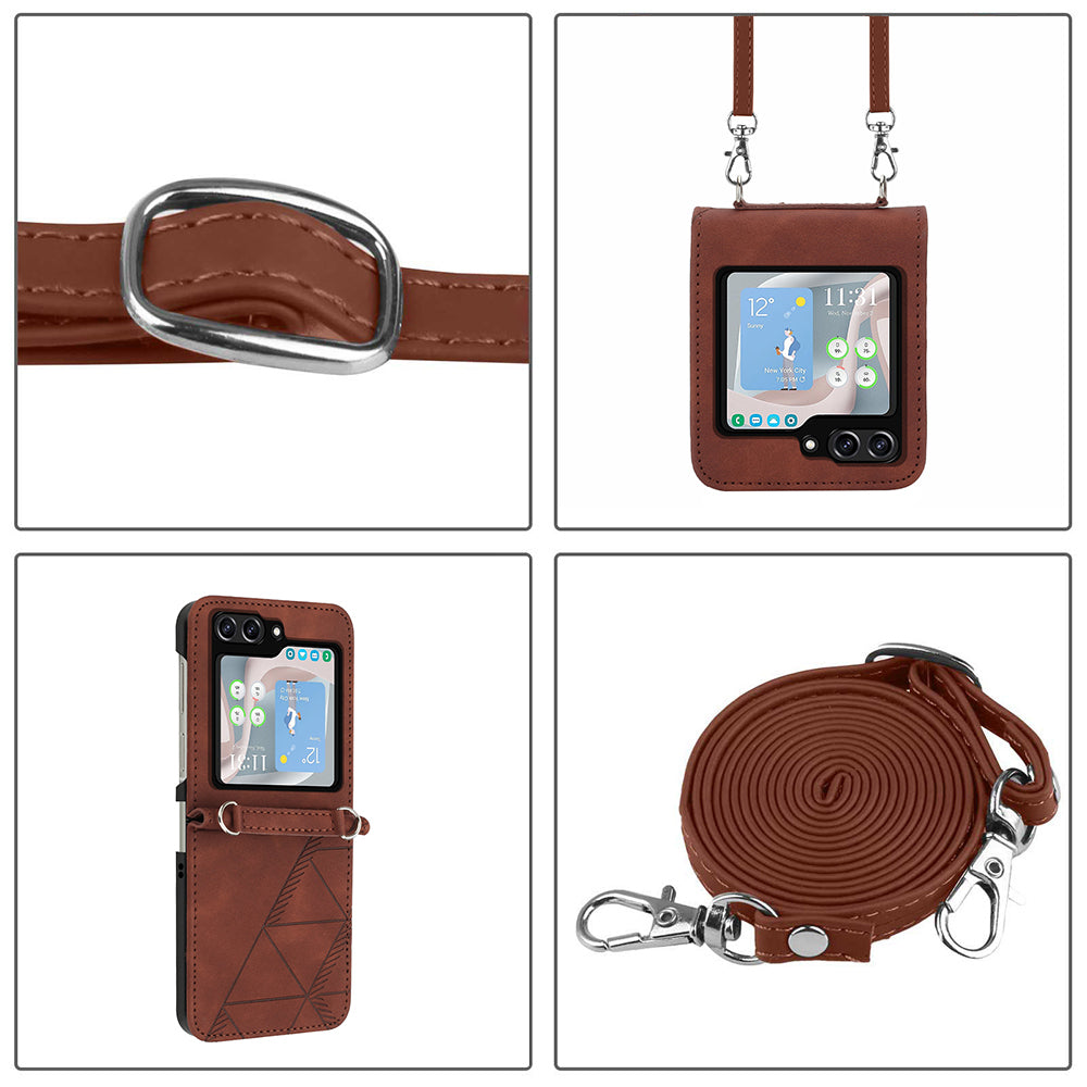 YB Imprinting Series-1 for Samsung Galaxy Z Flip5 5G Phone Leather Cover Imprinted Phone Case with Shoulder Strap