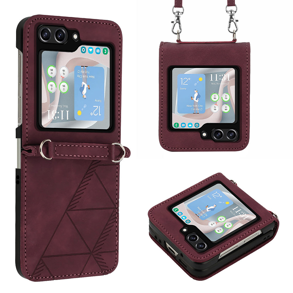 YB Imprinting Series-1 for Samsung Galaxy Z Flip5 5G Phone Leather Cover Imprinted Phone Case with Shoulder Strap