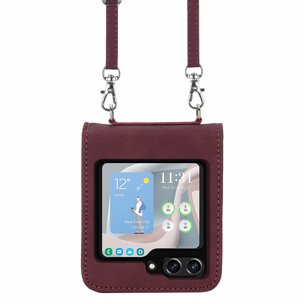 YB Imprinting Series-1 for Samsung Galaxy Z Flip5 5G Phone Leather Cover Imprinted Phone Case with Shoulder Strap