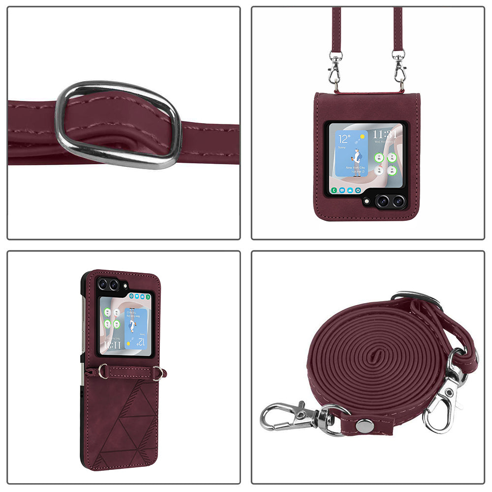 YB Imprinting Series-1 for Samsung Galaxy Z Flip5 5G Phone Leather Cover Imprinted Phone Case with Shoulder Strap