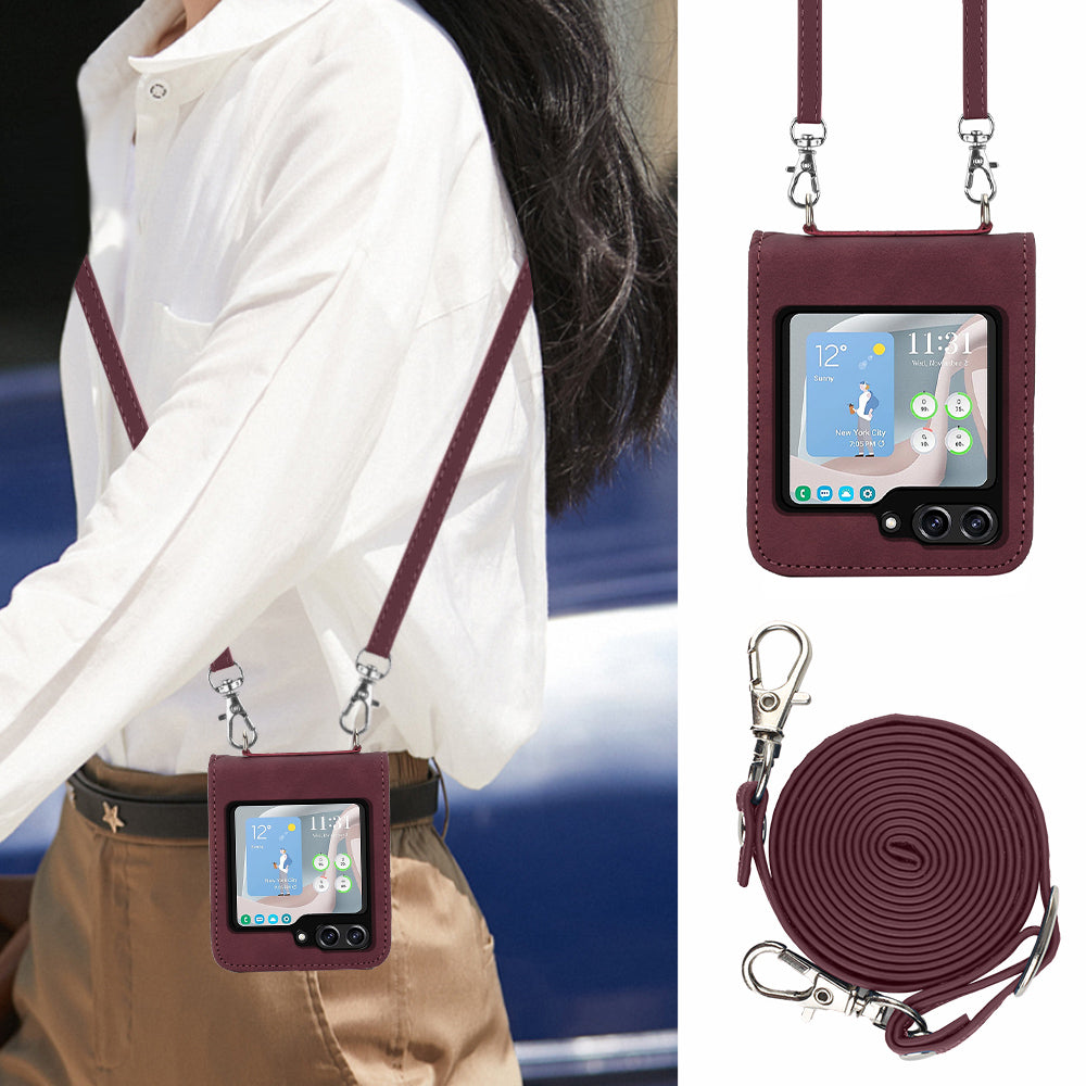 YB Imprinting Series-1 for Samsung Galaxy Z Flip5 5G Phone Leather Cover Imprinted Phone Case with Shoulder Strap