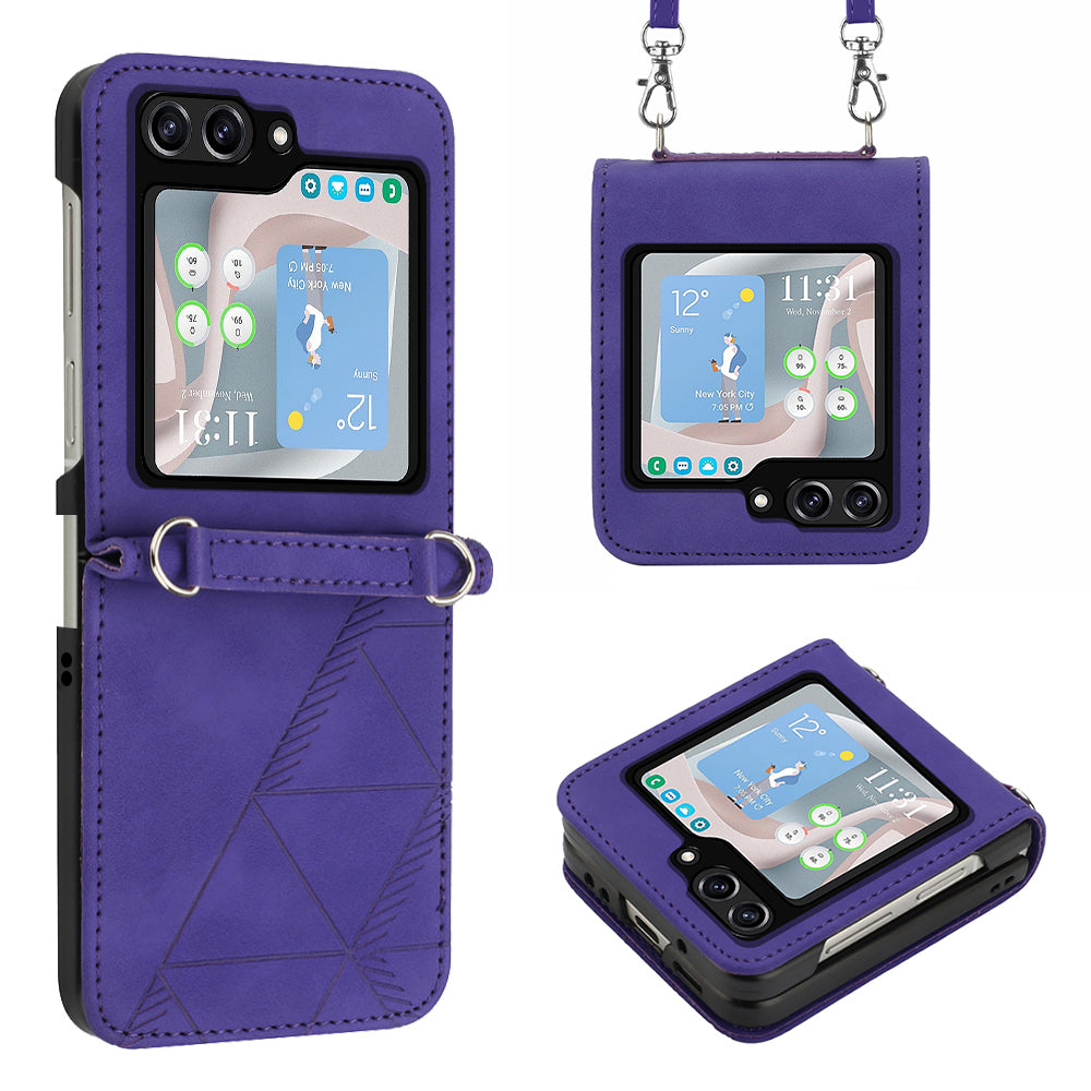 YB Imprinting Series-1 for Samsung Galaxy Z Flip5 5G Phone Leather Cover Imprinted Phone Case with Shoulder Strap