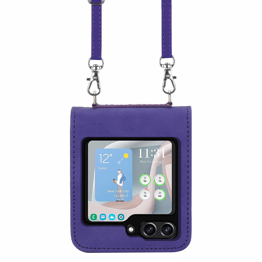 YB Imprinting Series-1 for Samsung Galaxy Z Flip5 5G Phone Leather Cover Imprinted Phone Case with Shoulder Strap