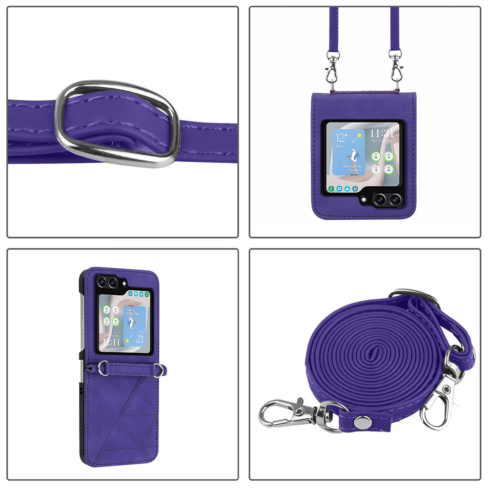 YB Imprinting Series-1 for Samsung Galaxy Z Flip5 5G Phone Leather Cover Imprinted Phone Case with Shoulder Strap