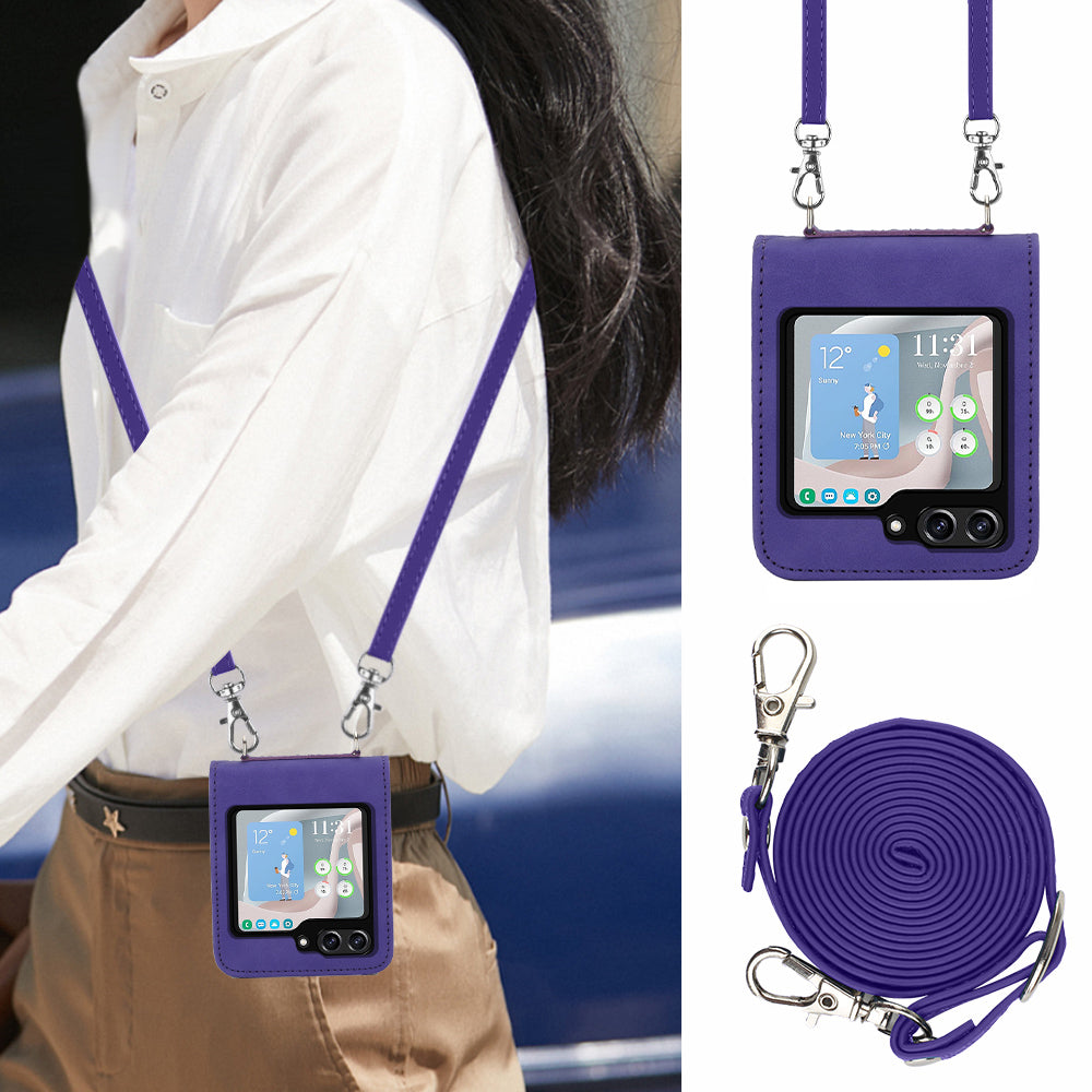 YB Imprinting Series-1 for Samsung Galaxy Z Flip5 5G Phone Leather Cover Imprinted Phone Case with Shoulder Strap