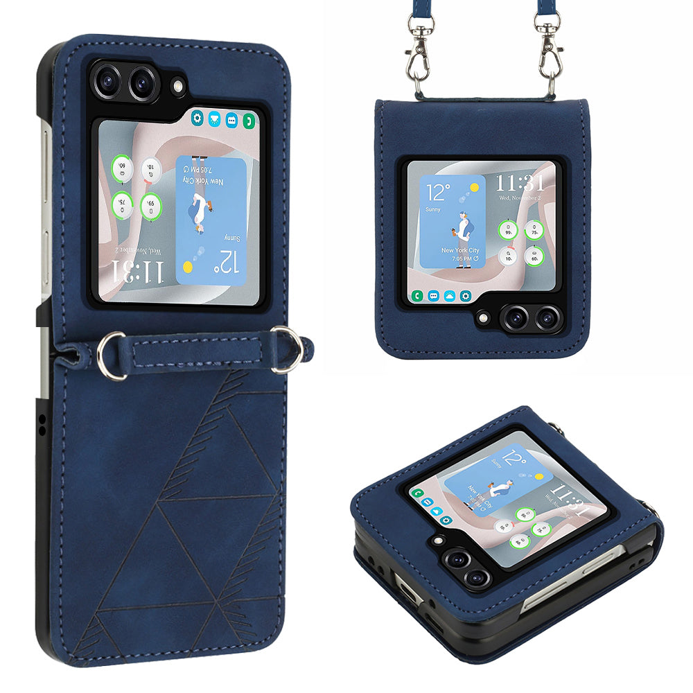 YB Imprinting Series-1 for Samsung Galaxy Z Flip5 5G Phone Leather Cover Imprinted Phone Case with Shoulder Strap