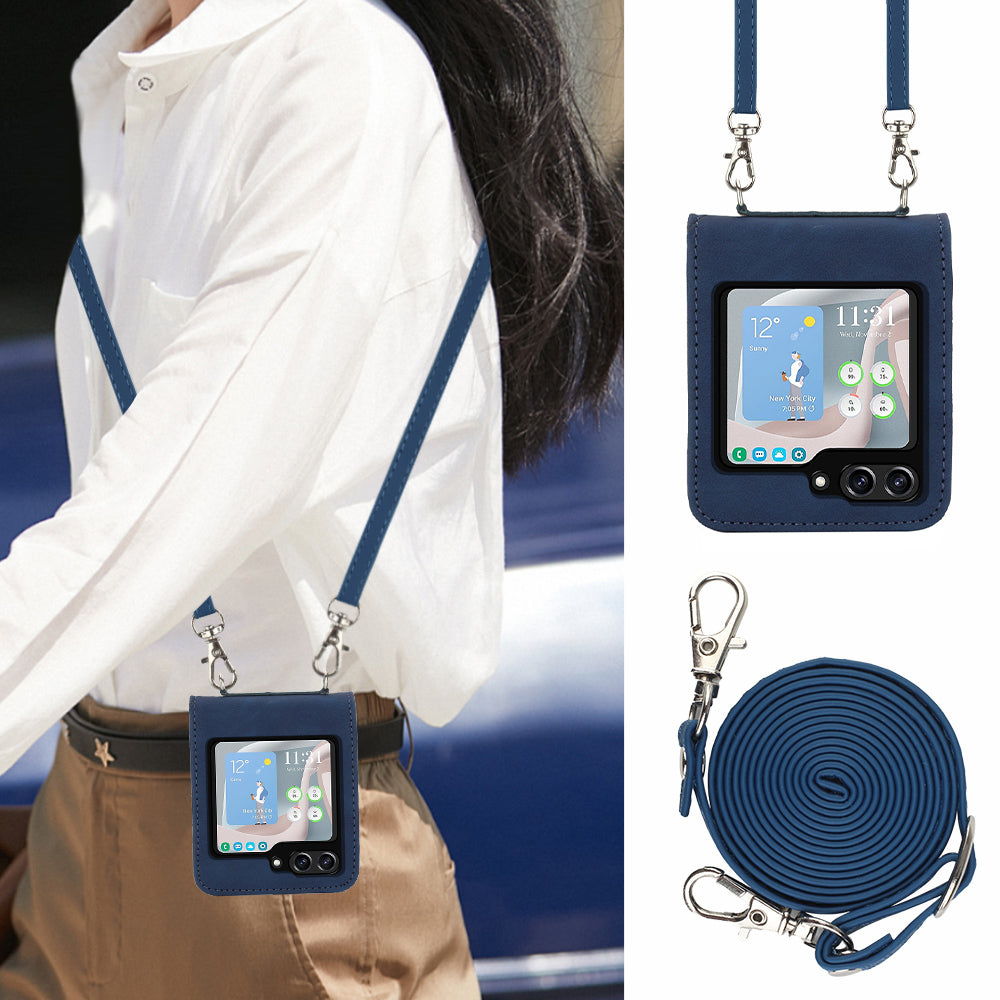 YB Imprinting Series-1 for Samsung Galaxy Z Flip5 5G Phone Leather Cover Imprinted Phone Case with Shoulder Strap