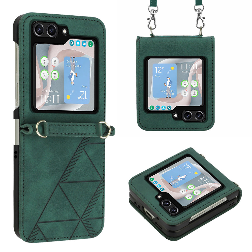 YB Imprinting Series-1 for Samsung Galaxy Z Flip5 5G Phone Leather Cover Imprinted Phone Case with Shoulder Strap