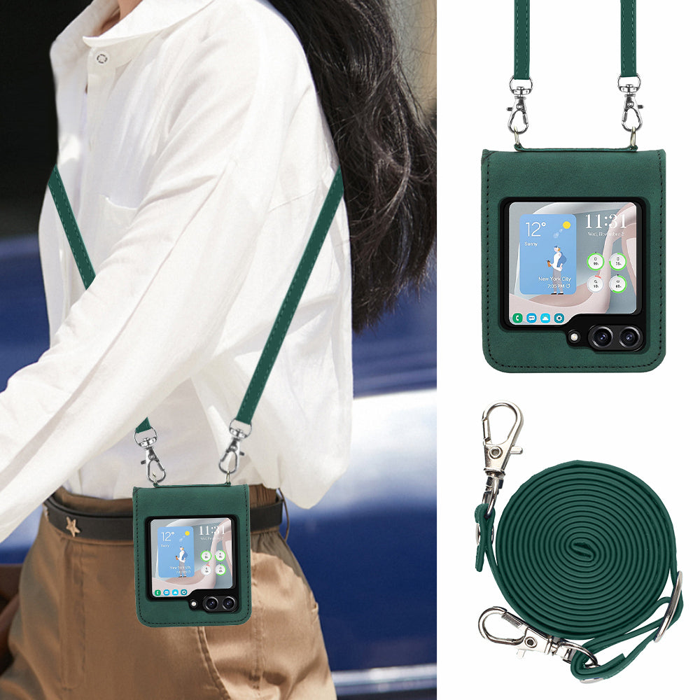 YB Imprinting Series-1 for Samsung Galaxy Z Flip5 5G Phone Leather Cover Imprinted Phone Case with Shoulder Strap