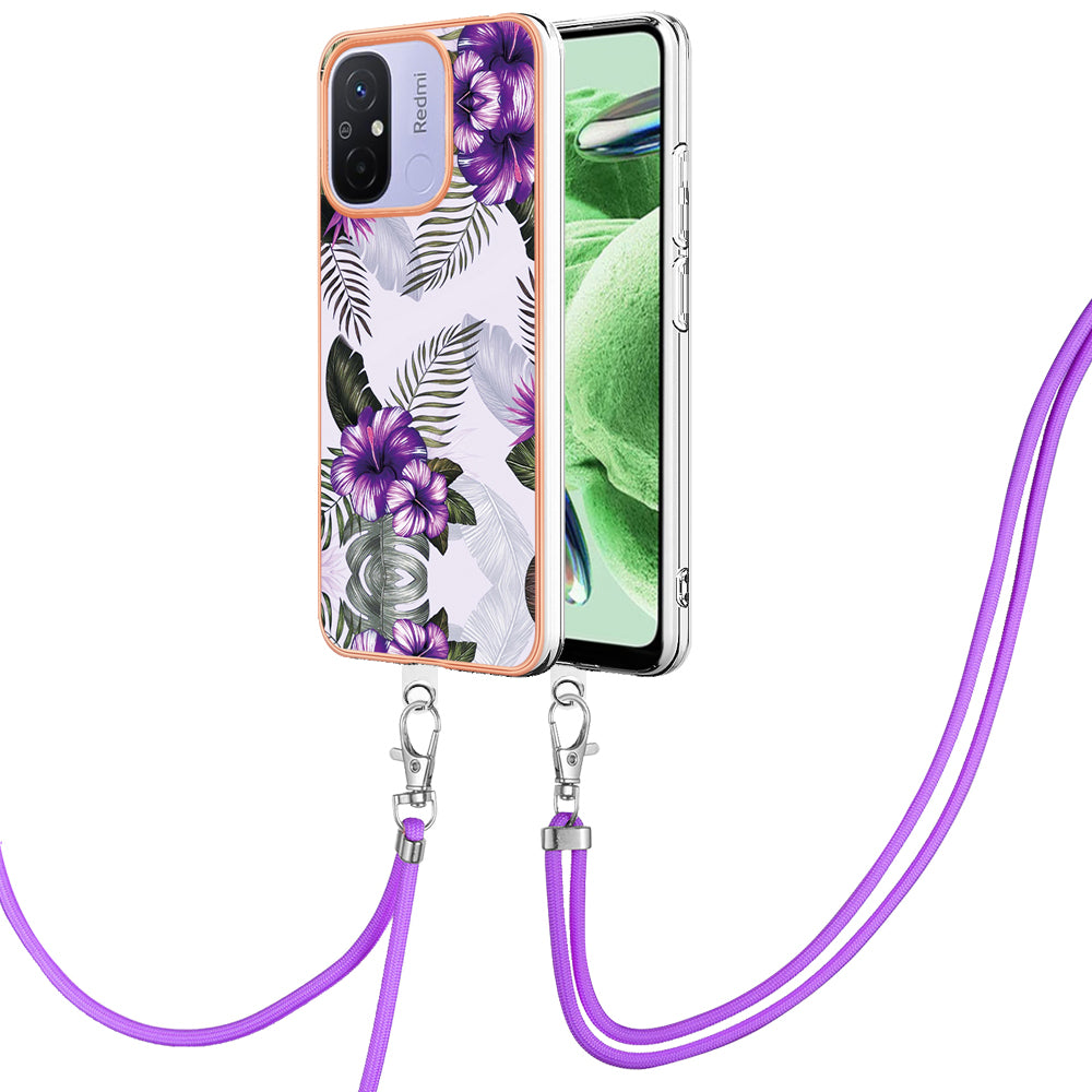 YB IMD Series-4 for Xiaomi Redmi 12C 4G / 11A 4G TPU Cell Phone Case Electroplating Marble Flower Pattern IMD Cover with Lanyard