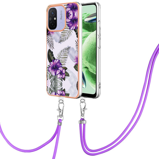 YB IMD Series-4 for Xiaomi Redmi 12C 4G / 11A 4G TPU Cell Phone Case Electroplating Marble Flower Pattern IMD Cover with Lanyard