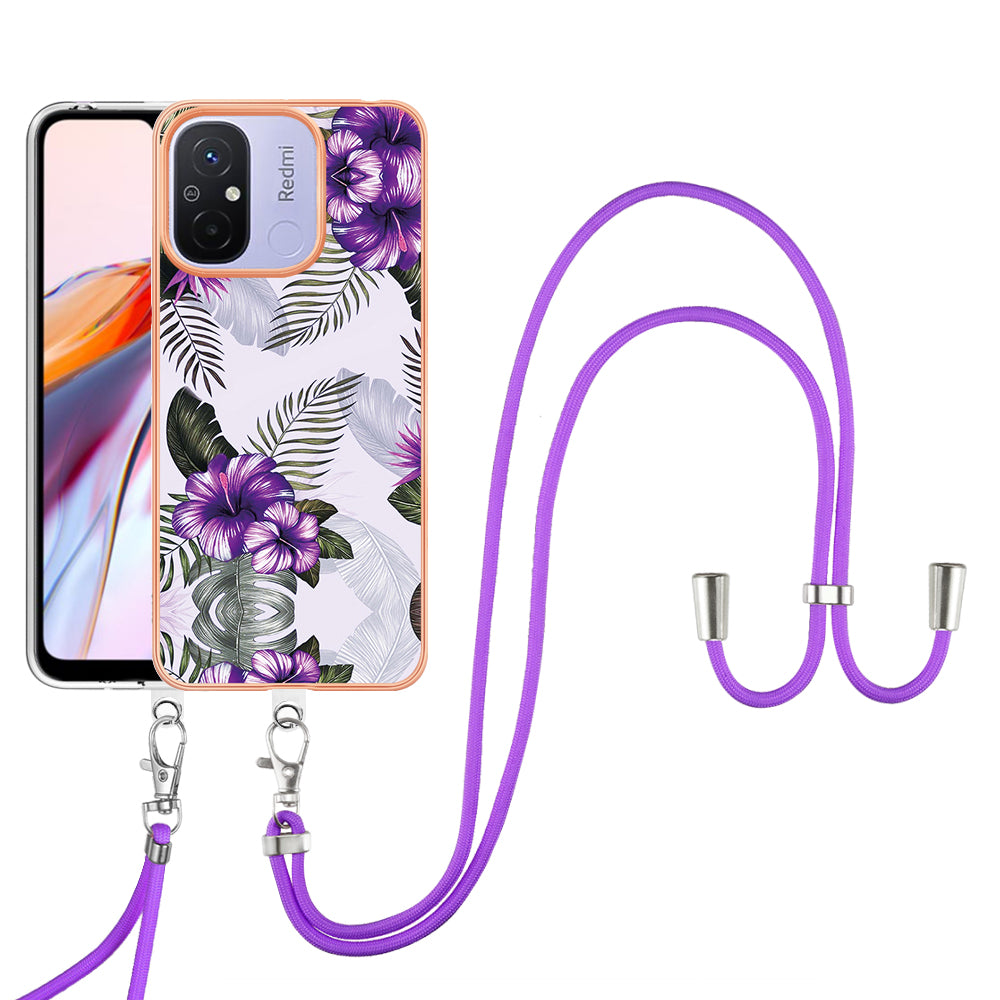 YB IMD Series-4 for Xiaomi Redmi 12C 4G / 11A 4G TPU Cell Phone Case Electroplating Marble Flower Pattern IMD Cover with Lanyard