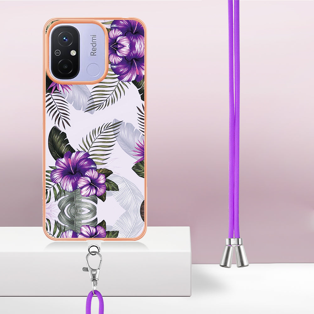 YB IMD Series-4 for Xiaomi Redmi 12C 4G / 11A 4G TPU Cell Phone Case Electroplating Marble Flower Pattern IMD Cover with Lanyard