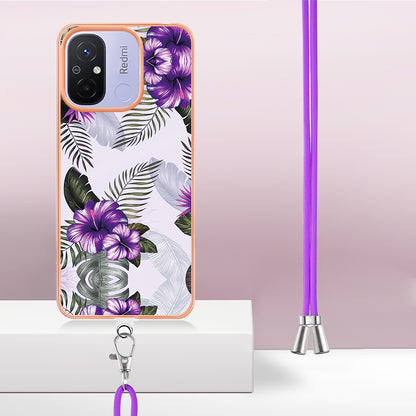 YB IMD Series-4 for Xiaomi Redmi 12C 4G / 11A 4G TPU Cell Phone Case Electroplating Marble Flower Pattern IMD Cover with Lanyard
