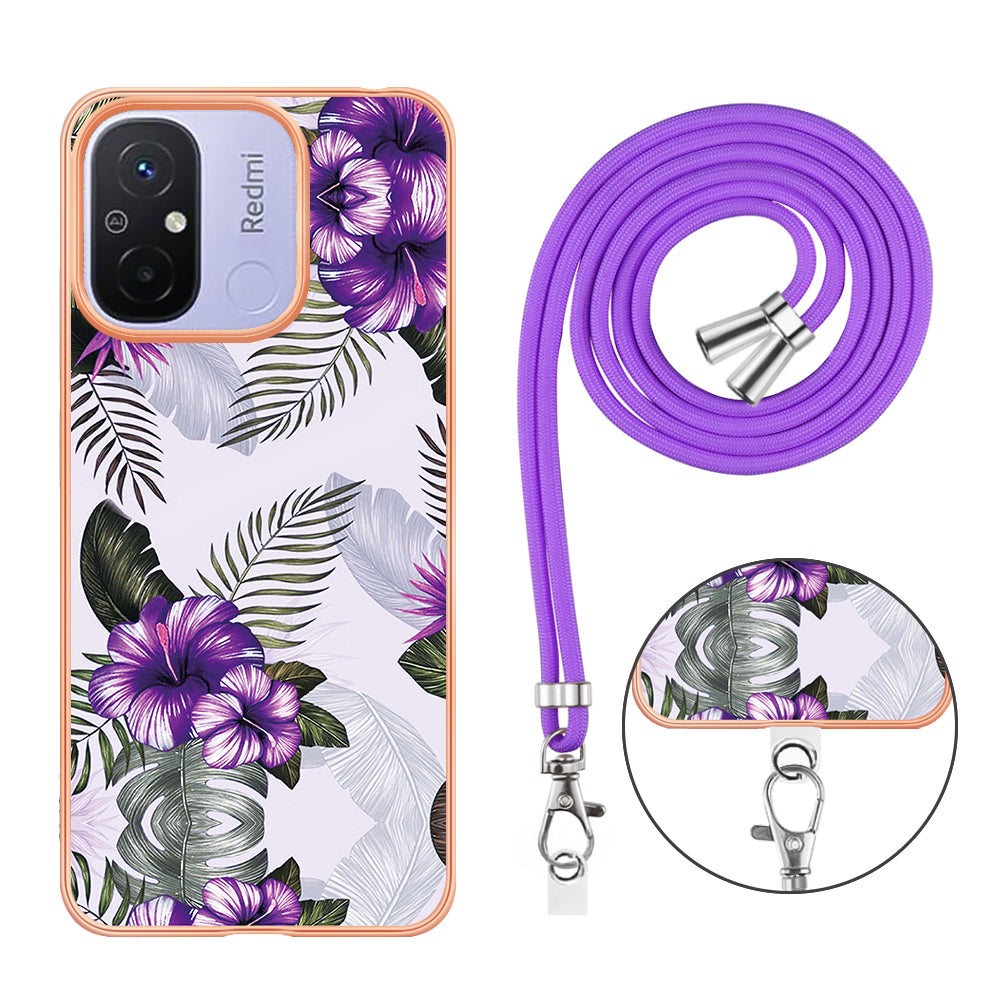 YB IMD Series-4 for Xiaomi Redmi 12C 4G / 11A 4G TPU Cell Phone Case Electroplating Marble Flower Pattern IMD Cover with Lanyard