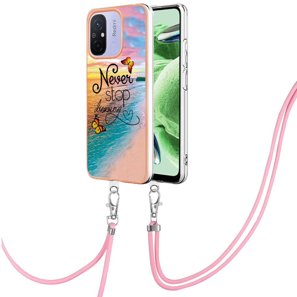 YB IMD Series-4 for Xiaomi Redmi 12C 4G / 11A 4G TPU Cell Phone Case Electroplating Marble Flower Pattern IMD Cover with Lanyard