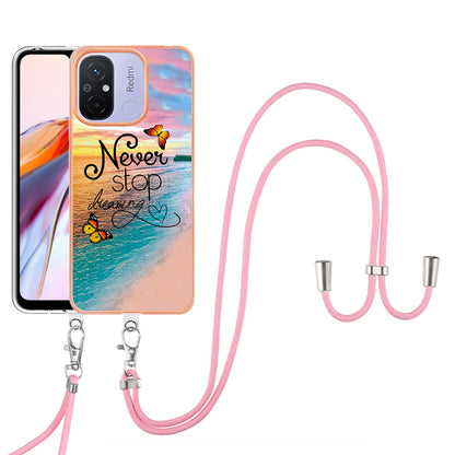 YB IMD Series-4 for Xiaomi Redmi 12C 4G / 11A 4G TPU Cell Phone Case Electroplating Marble Flower Pattern IMD Cover with Lanyard