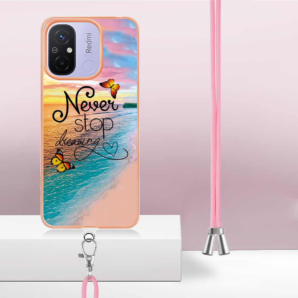 YB IMD Series-4 for Xiaomi Redmi 12C 4G / 11A 4G TPU Cell Phone Case Electroplating Marble Flower Pattern IMD Cover with Lanyard