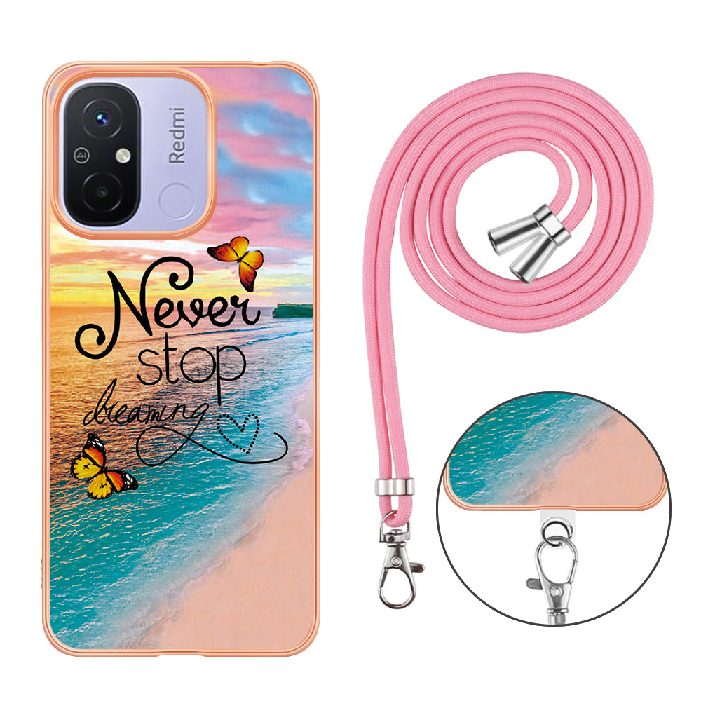 YB IMD Series-4 for Xiaomi Redmi 12C 4G / 11A 4G TPU Cell Phone Case Electroplating Marble Flower Pattern IMD Cover with Lanyard