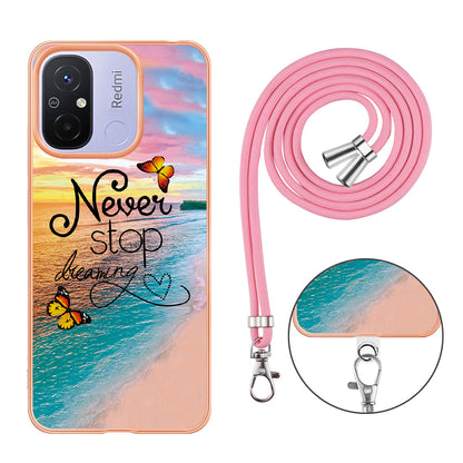 YB IMD Series-4 for Xiaomi Redmi 12C 4G / 11A 4G TPU Cell Phone Case Electroplating Marble Flower Pattern IMD Cover with Lanyard