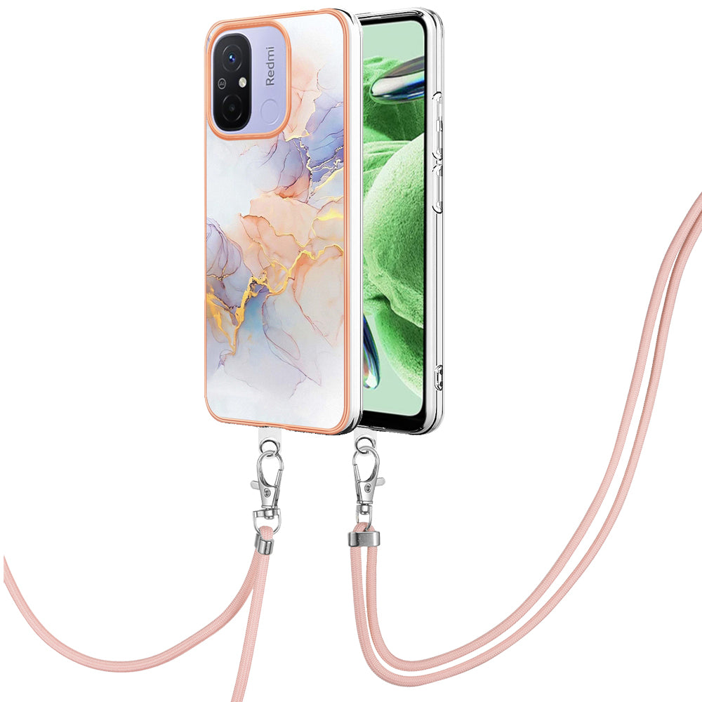 YB IMD Series-4 for Xiaomi Redmi 12C 4G / 11A 4G TPU Cell Phone Case Electroplating Marble Flower Pattern IMD Cover with Lanyard