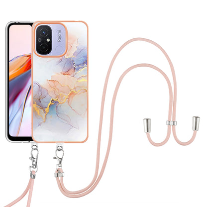 YB IMD Series-4 for Xiaomi Redmi 12C 4G / 11A 4G TPU Cell Phone Case Electroplating Marble Flower Pattern IMD Cover with Lanyard