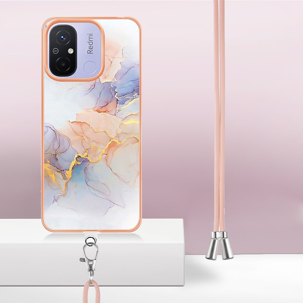YB IMD Series-4 for Xiaomi Redmi 12C 4G / 11A 4G TPU Cell Phone Case Electroplating Marble Flower Pattern IMD Cover with Lanyard
