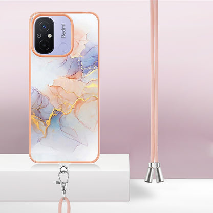 YB IMD Series-4 for Xiaomi Redmi 12C 4G / 11A 4G TPU Cell Phone Case Electroplating Marble Flower Pattern IMD Cover with Lanyard