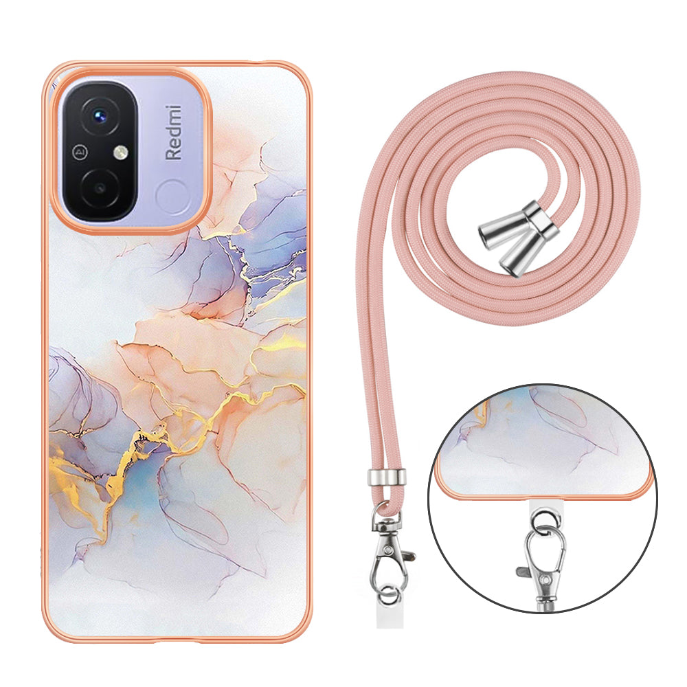 YB IMD Series-4 for Xiaomi Redmi 12C 4G / 11A 4G TPU Cell Phone Case Electroplating Marble Flower Pattern IMD Cover with Lanyard