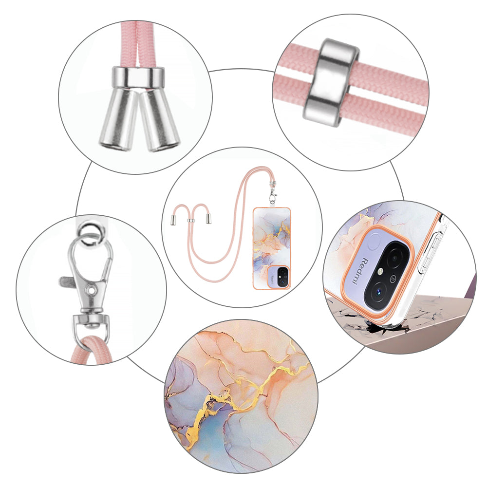 YB IMD Series-4 for Xiaomi Redmi 12C 4G / 11A 4G TPU Cell Phone Case Electroplating Marble Flower Pattern IMD Cover with Lanyard