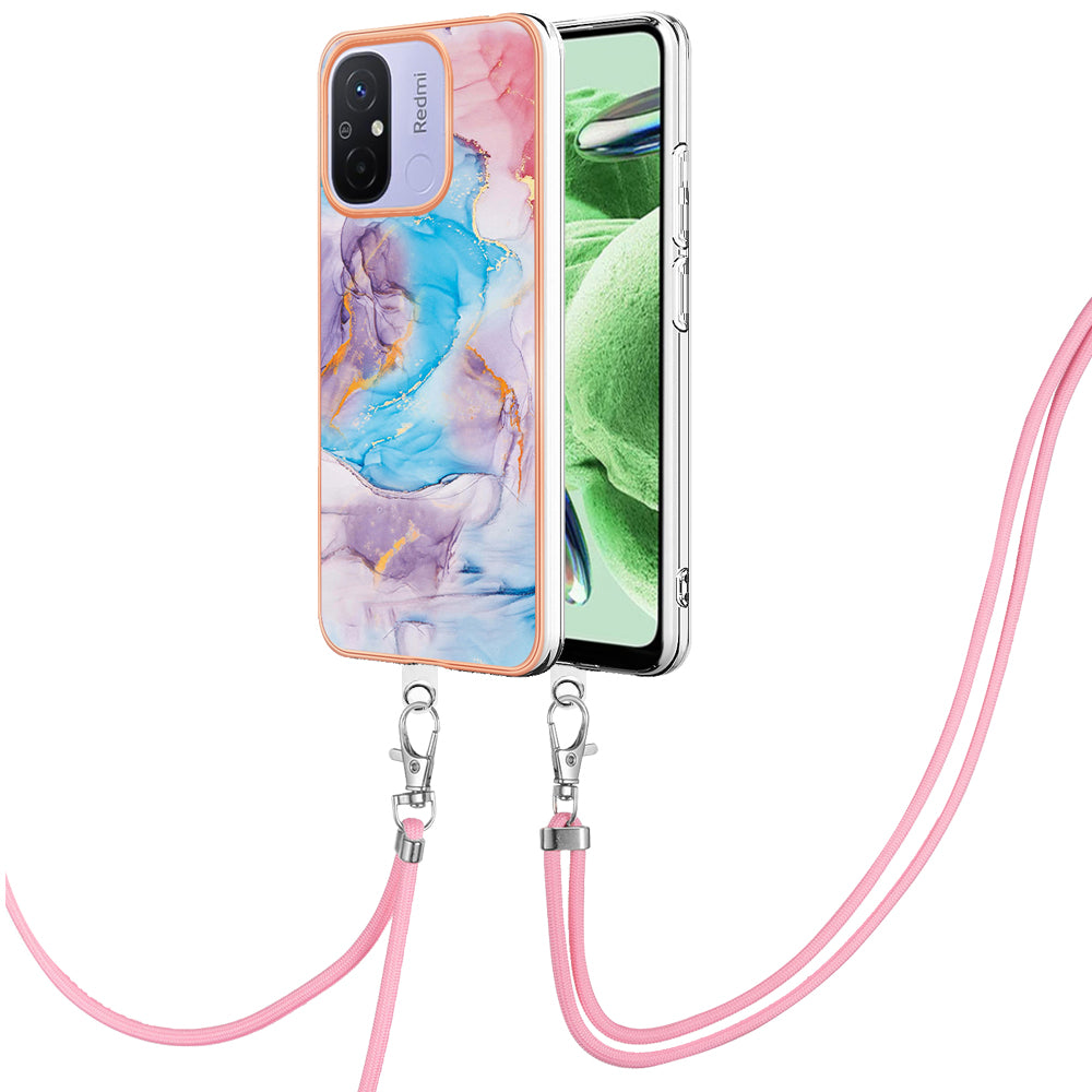 YB IMD Series-4 for Xiaomi Redmi 12C 4G / 11A 4G TPU Cell Phone Case Electroplating Marble Flower Pattern IMD Cover with Lanyard
