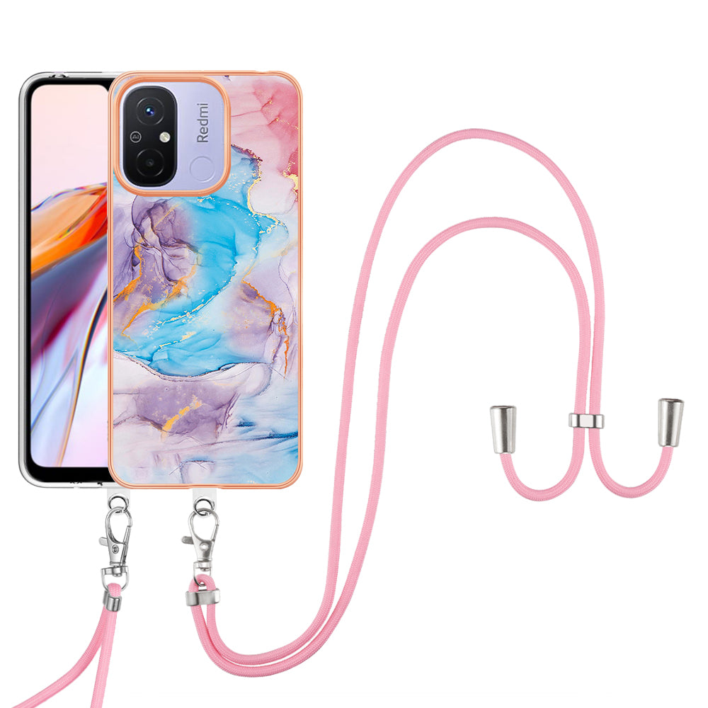 YB IMD Series-4 for Xiaomi Redmi 12C 4G / 11A 4G TPU Cell Phone Case Electroplating Marble Flower Pattern IMD Cover with Lanyard