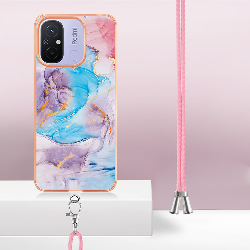YB IMD Series-4 for Xiaomi Redmi 12C 4G / 11A 4G TPU Cell Phone Case Electroplating Marble Flower Pattern IMD Cover with Lanyard