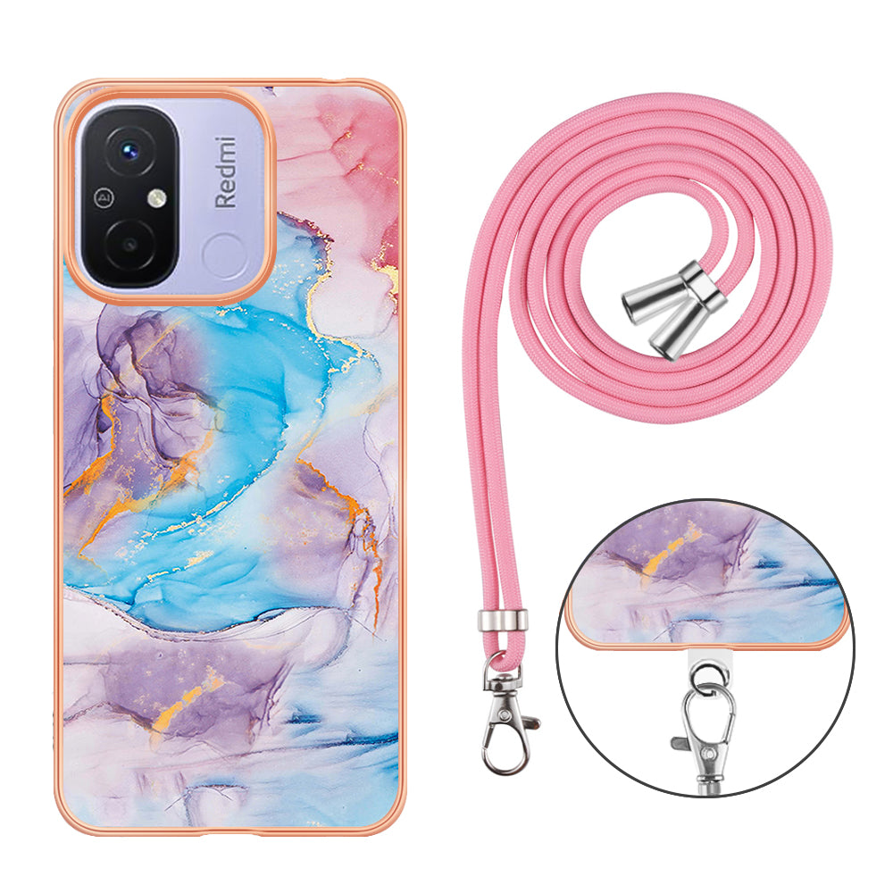 YB IMD Series-4 for Xiaomi Redmi 12C 4G / 11A 4G TPU Cell Phone Case Electroplating Marble Flower Pattern IMD Cover with Lanyard