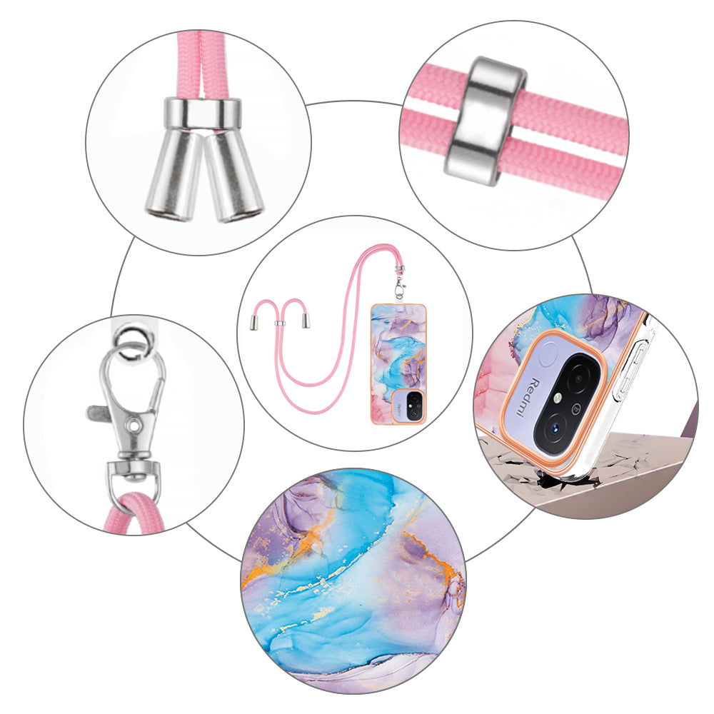 YB IMD Series-4 for Xiaomi Redmi 12C 4G / 11A 4G TPU Cell Phone Case Electroplating Marble Flower Pattern IMD Cover with Lanyard