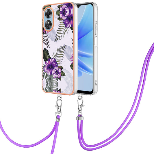 YB IMD Series-4 for Oppo A17 4G Marble Flower Pattern Design Case IMD TPU Electroplating Phone Cover with Lanyard