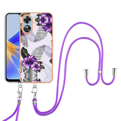YB IMD Series-4 for Oppo A17 4G Marble Flower Pattern Design Case IMD TPU Electroplating Phone Cover with Lanyard