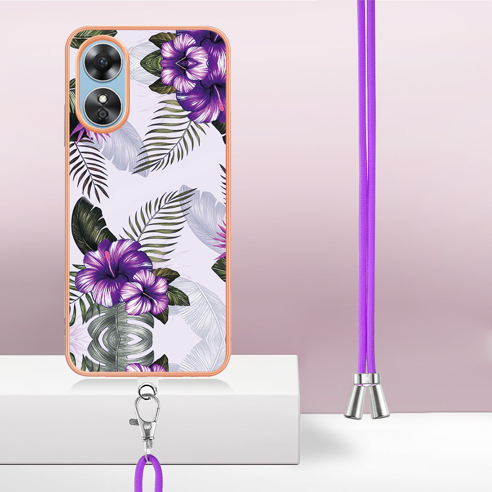 YB IMD Series-4 for Oppo A17 4G Marble Flower Pattern Design Case IMD TPU Electroplating Phone Cover with Lanyard