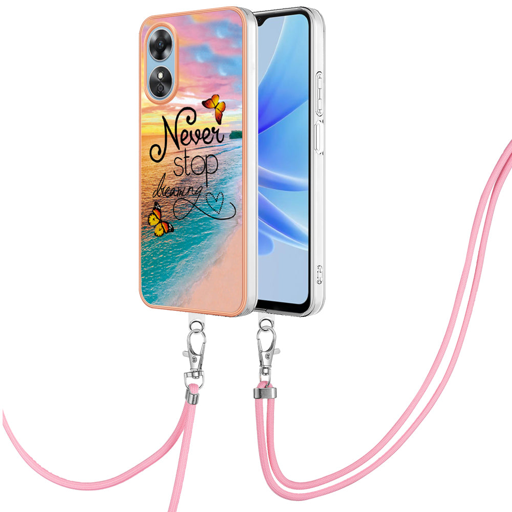 YB IMD Series-4 for Oppo A17 4G Marble Flower Pattern Design Case IMD TPU Electroplating Phone Cover with Lanyard