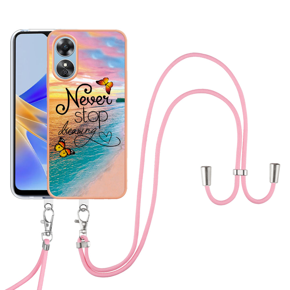 YB IMD Series-4 for Oppo A17 4G Marble Flower Pattern Design Case IMD TPU Electroplating Phone Cover with Lanyard